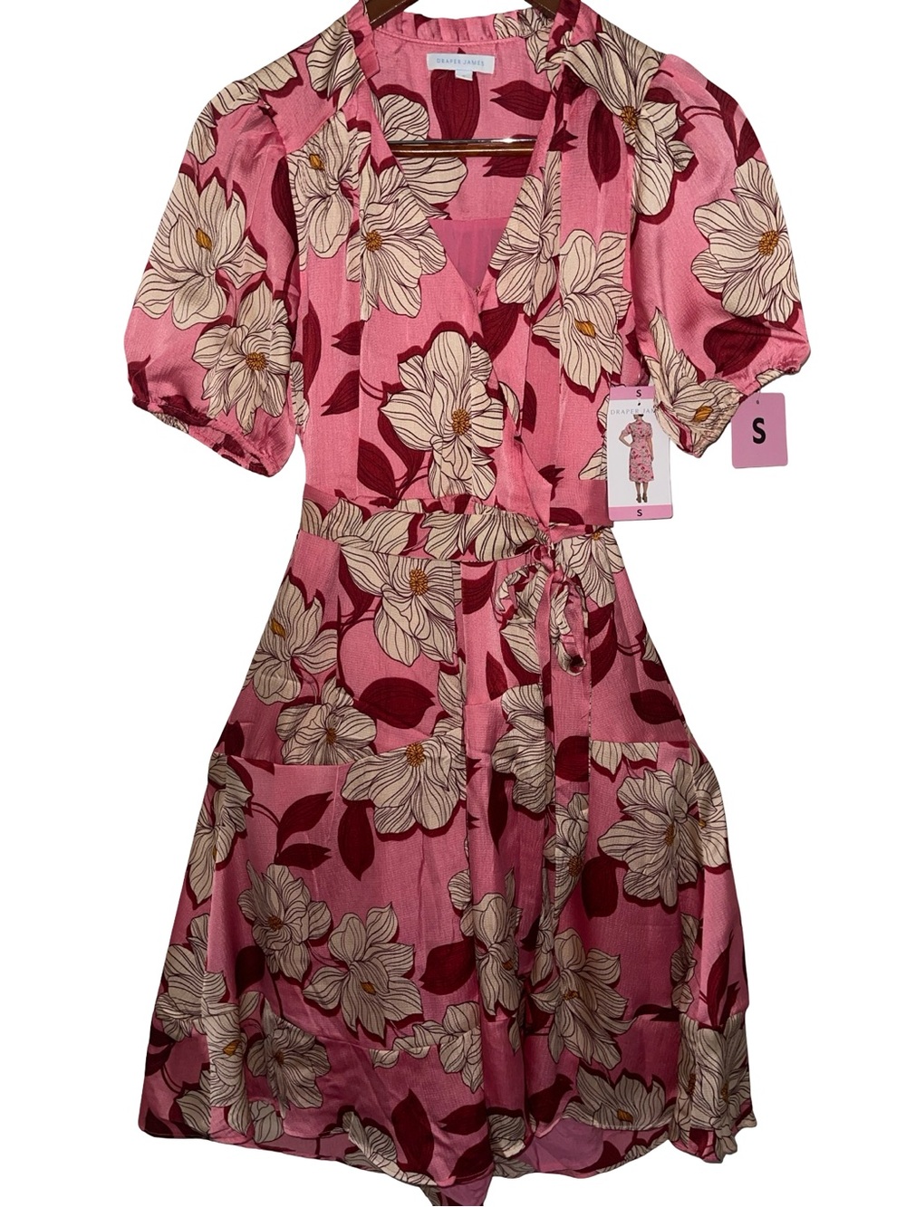 Draper James Pink Floral Wrap Midi Dress - Short Puff Sleeve